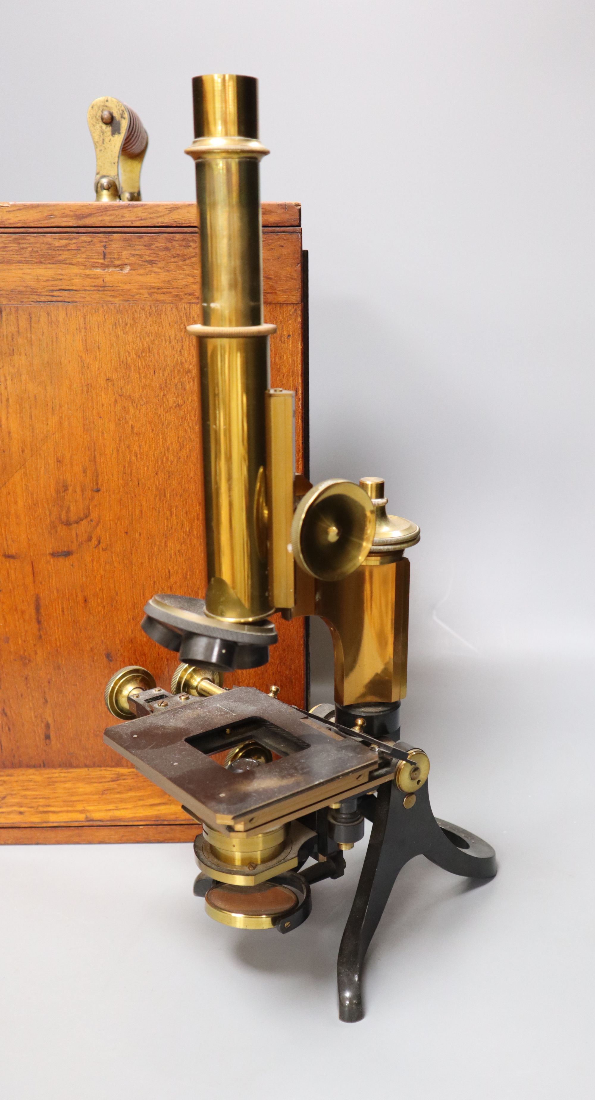 A Victorian Henry Crouch, London brass microscope and case, no 10023, 39cm